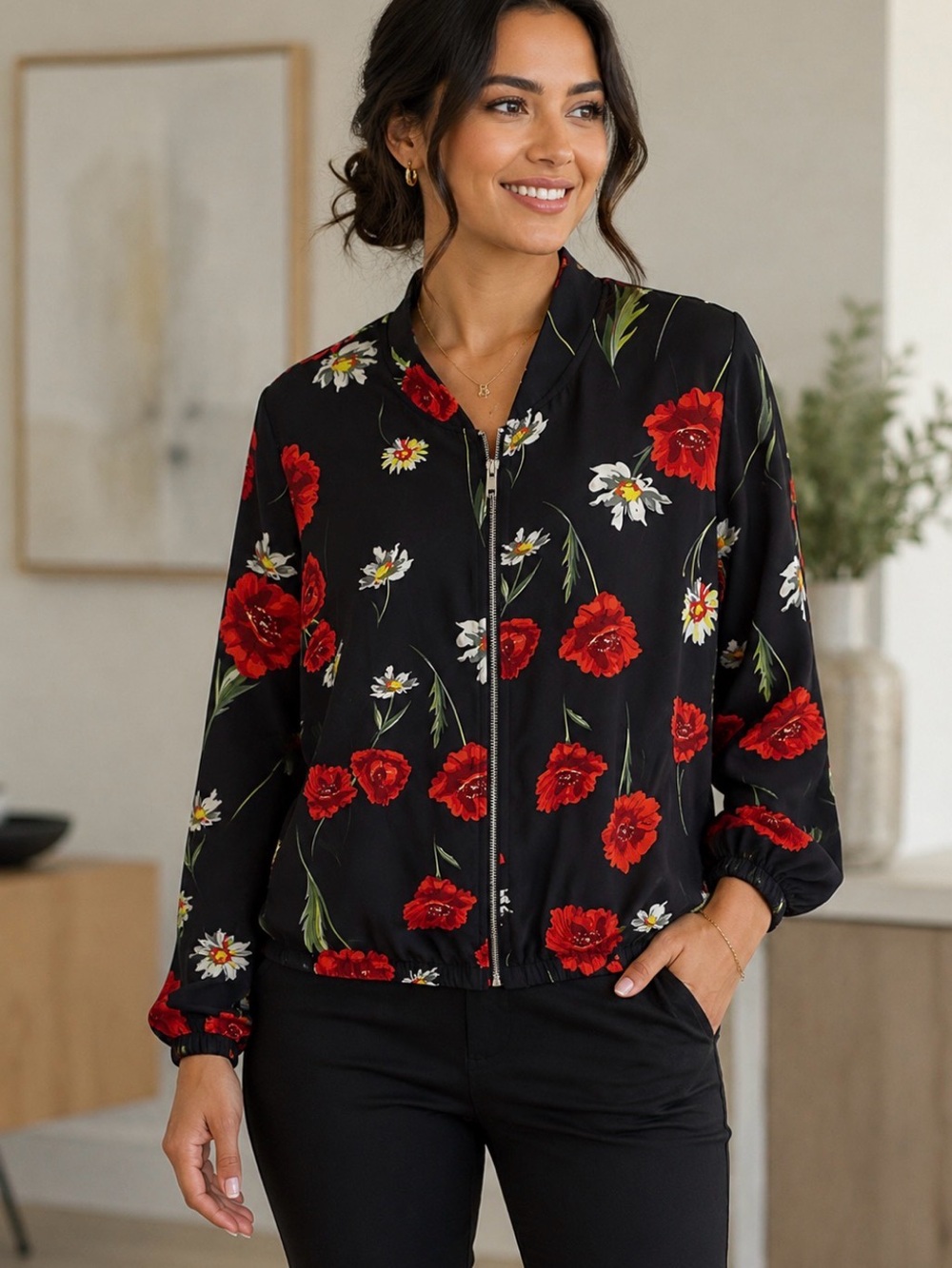 Floral Zip-Front Bomber Jacket - Black with Red Floral Print